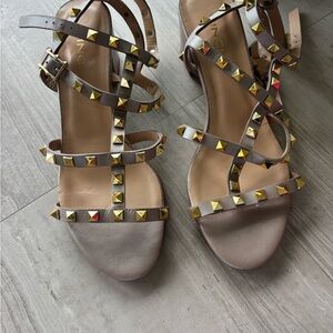 Studded Taupe Strappy Sandals with Gold Accents - Women